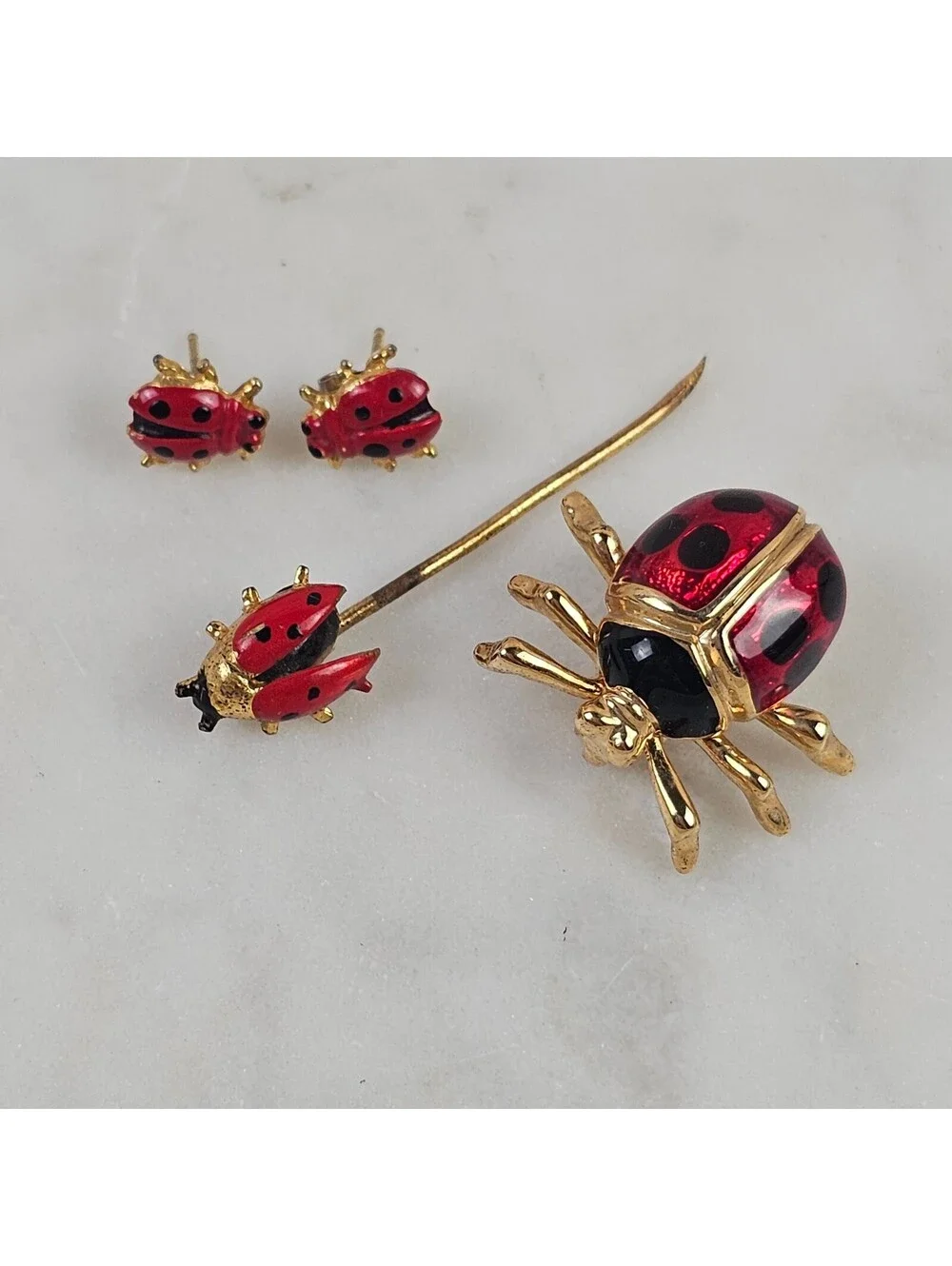 Vintage Ladybug Jewelry Set Brooch Stick Pin Post Earrings Red Enamel